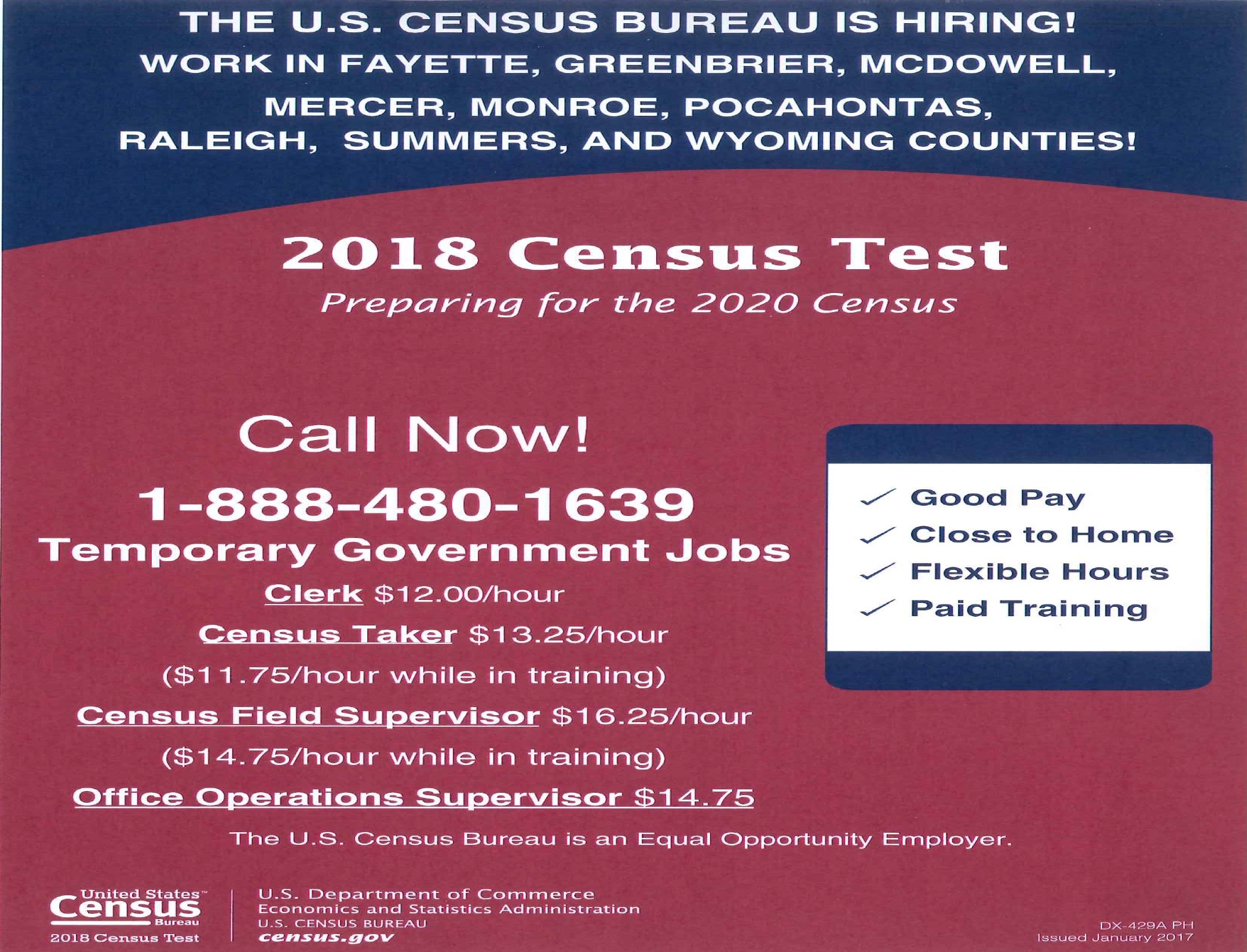 PDF of flyer for Census 2018 jobs phone 1-888-480-1639